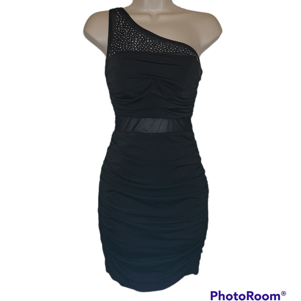 Speechless Sexy Black Mesh Ruched Asymmetrical Mini Dress 1 Zipper